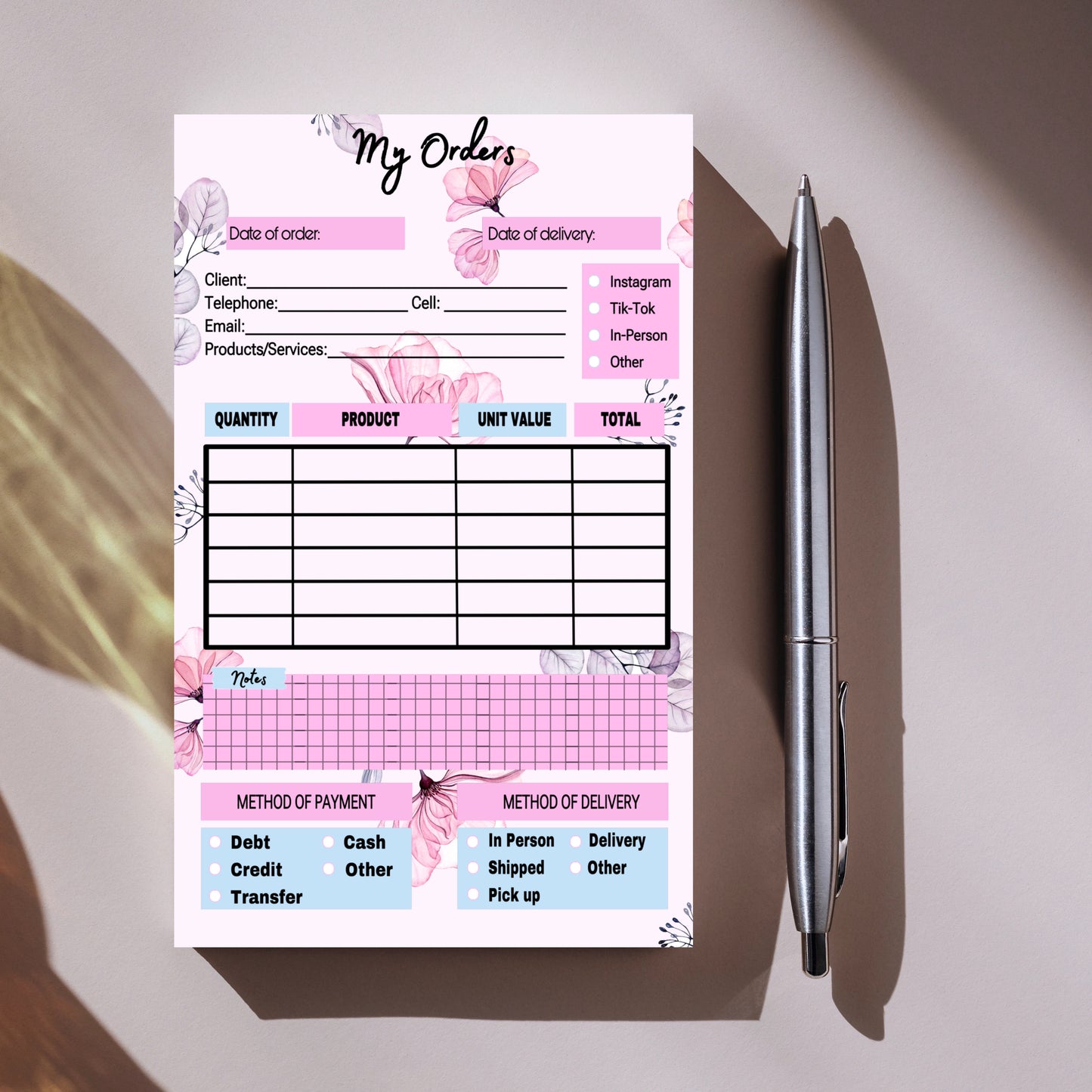 Water Color Flowers Order Notepad