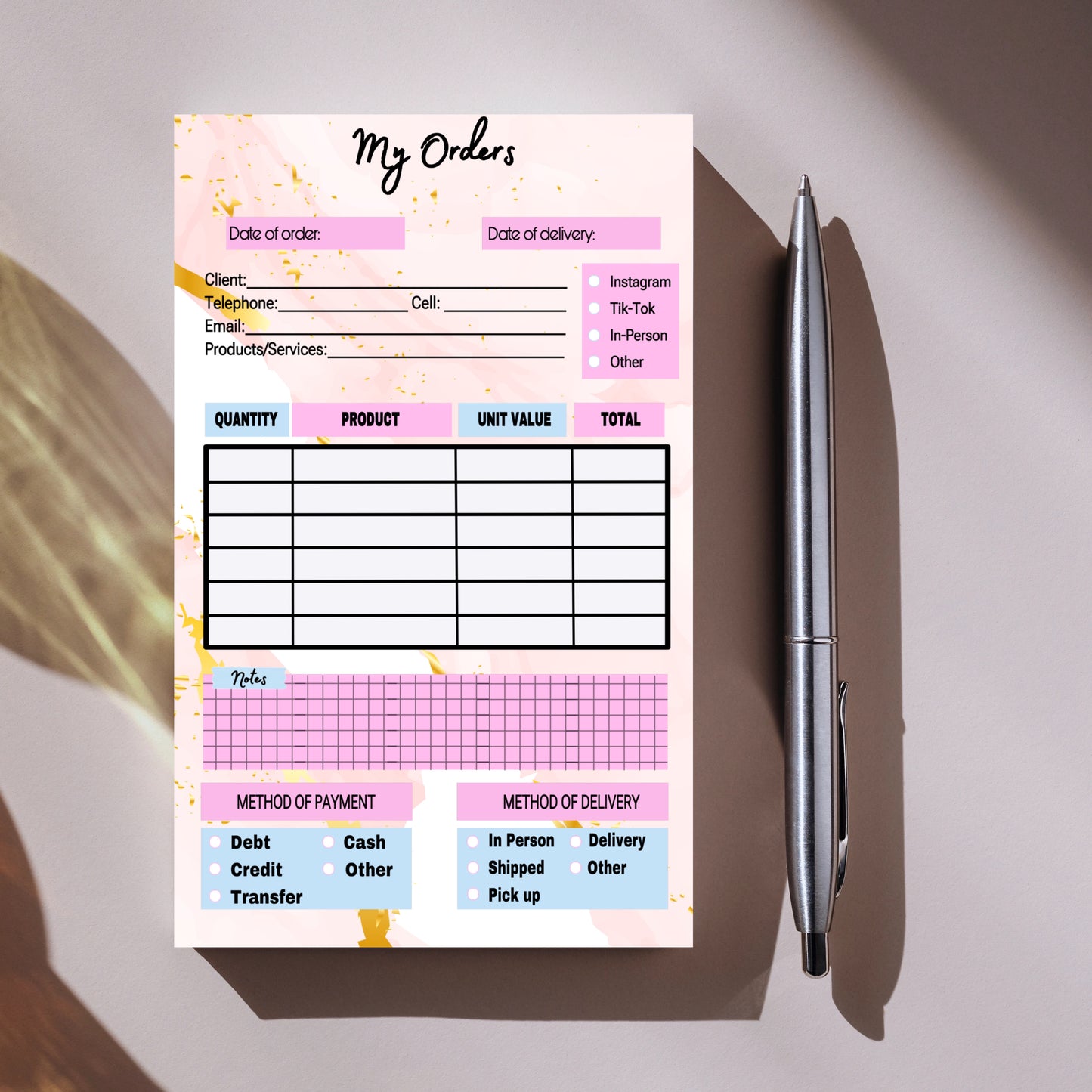 Marble Pink Order Notepad