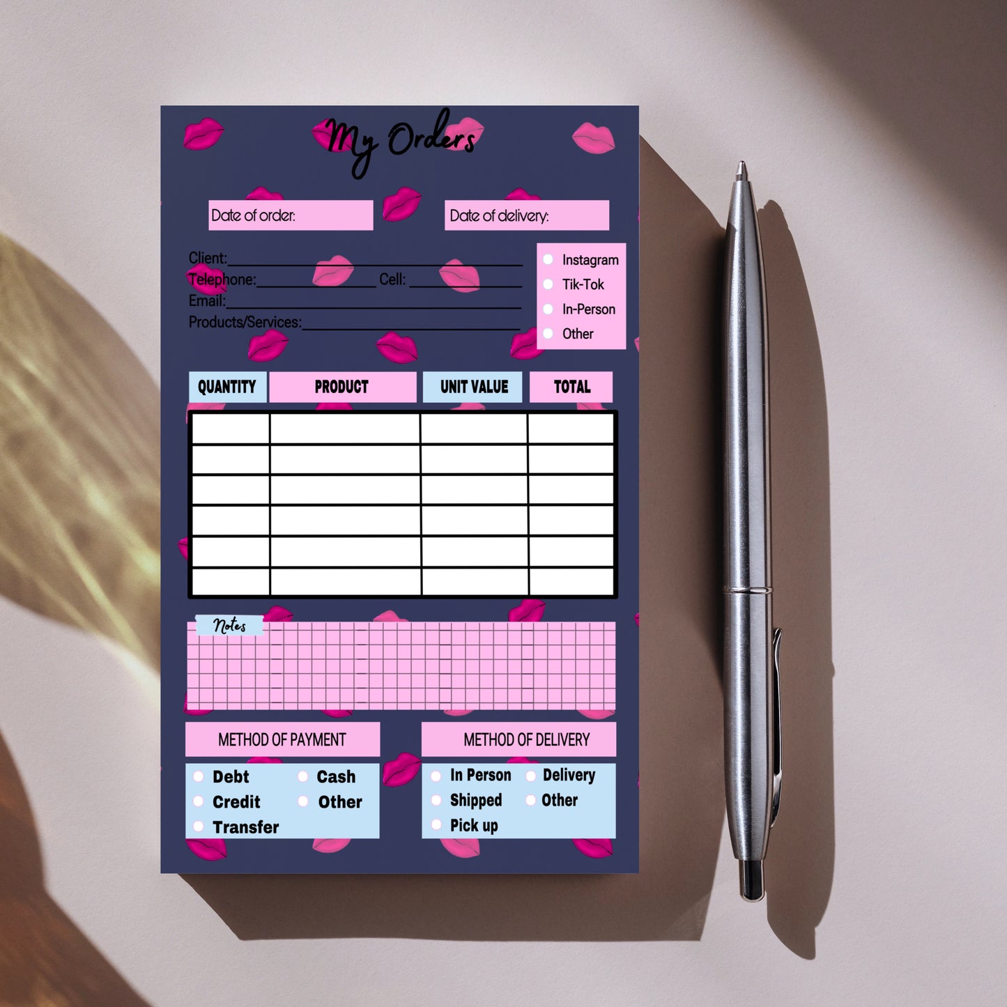 Hot Pink Kiss Order Notepad