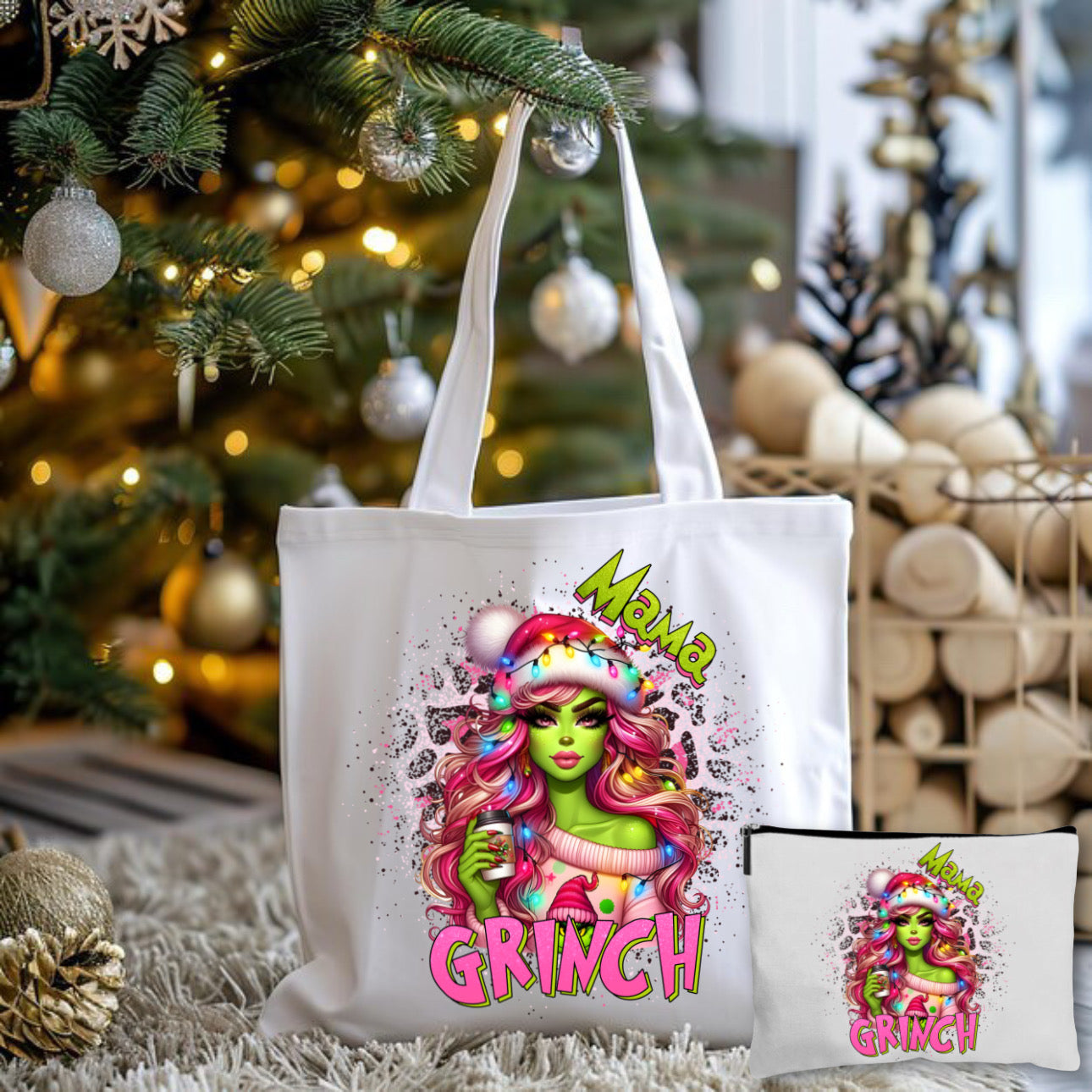 Mama Grinch Pink Tote Bag + Pouch