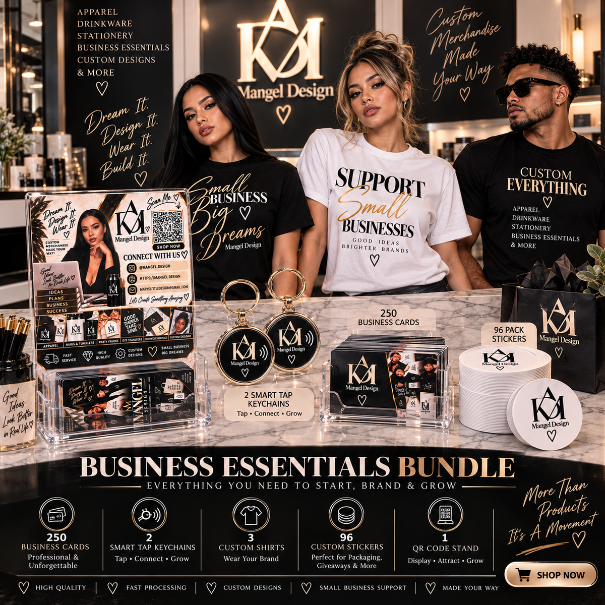Business Branding Bundle — 3 Shirts + 250 Cards + 2 Smart Taps + 96 Stickers