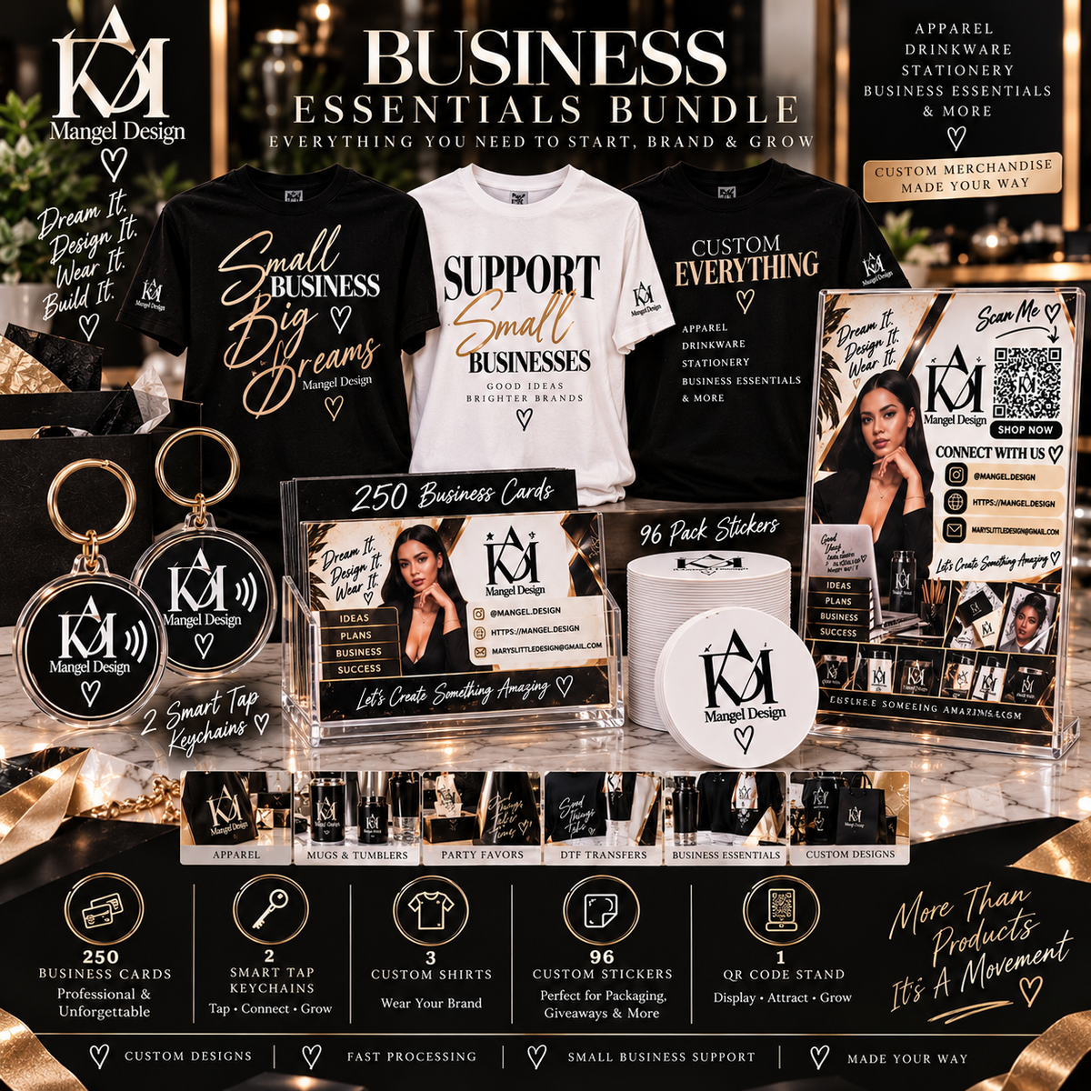 Business Branding Bundle — 3 Shirts + 250 Cards + 2 Smart Taps + 96 Stickers