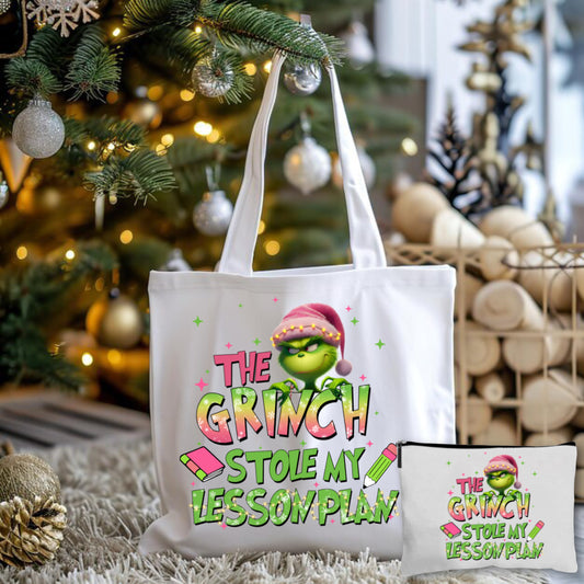 Grinch Stole My Lesson Tote Bag + Pouch