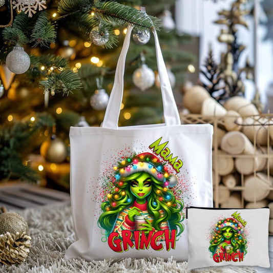 Mama Grinch Lights Tote Bag + Pouch