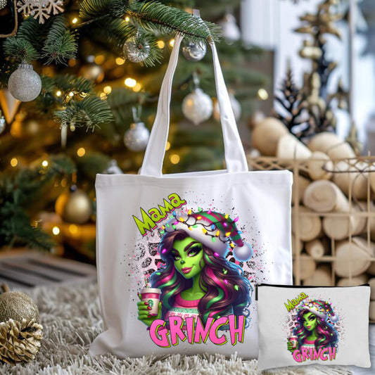 Mama Grinch X-Mas Lights Tote Bag + Pouch