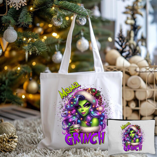 Mama Grinch Purple Tote Bag + Pouch