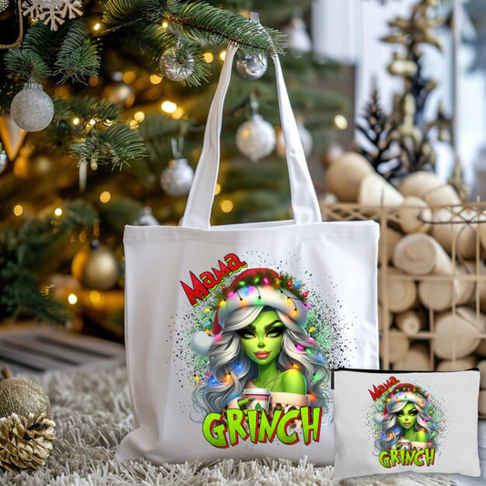 Mama Grinch Lights Pink Tote Bag + Pouch