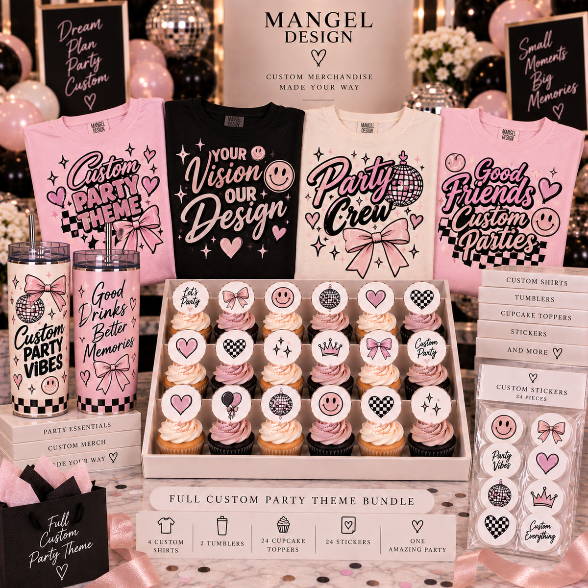 Full Custom Party — 4 Shirts + 2 Tumblers + 24 Cupcake Toppers + 24 Stickers